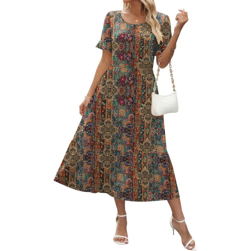imageZeagoo Womens Summer Dresses 2026 Casual Midi Dress Flowy Sundress Ruffle Short Sleeve Tiered Dresses A Line Boho DressHot Chic Printed