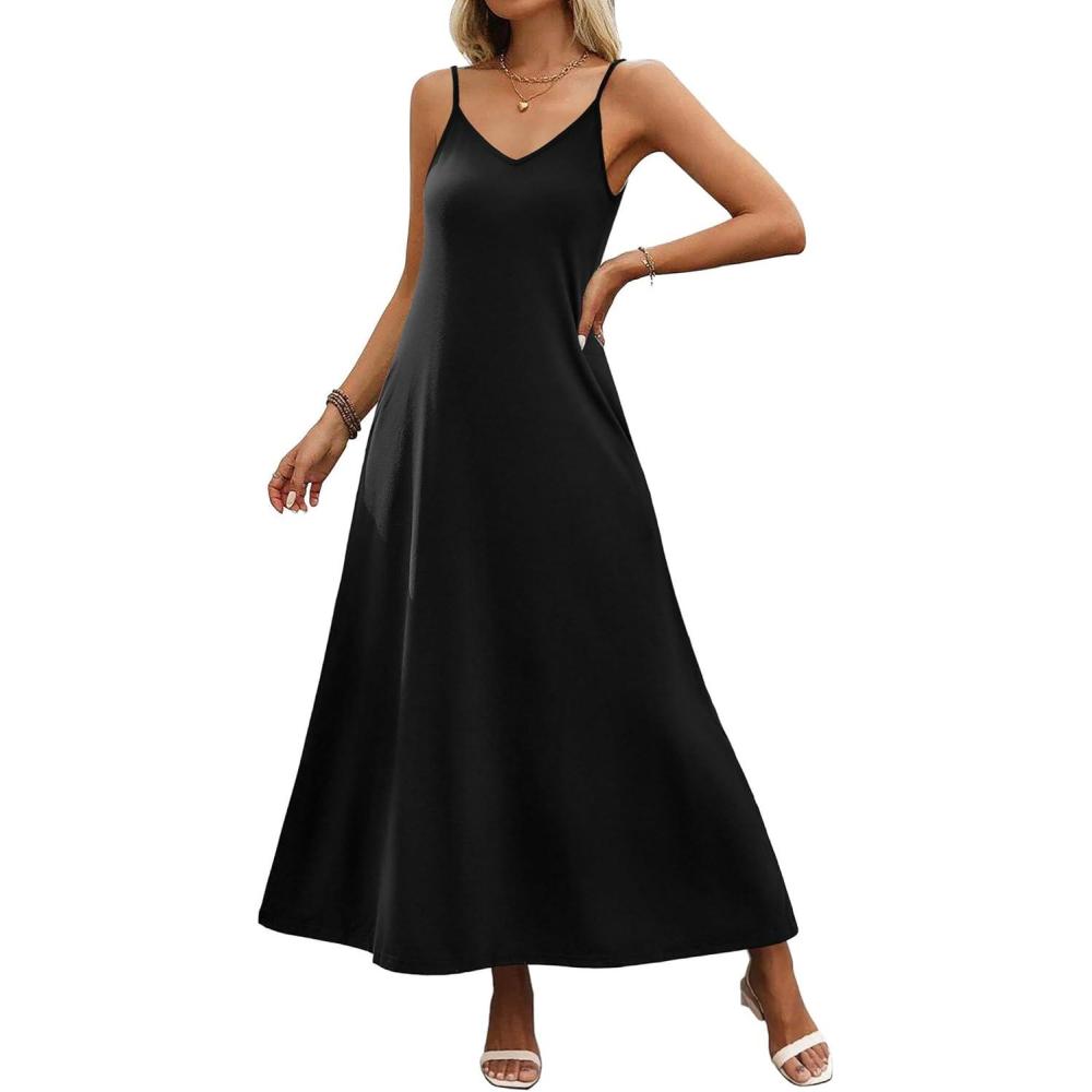 imageZeagoo Womens Summer Maxi Dress Spaghetti Strap Casual Printed Dress Boho Floral Beach SundressAblack