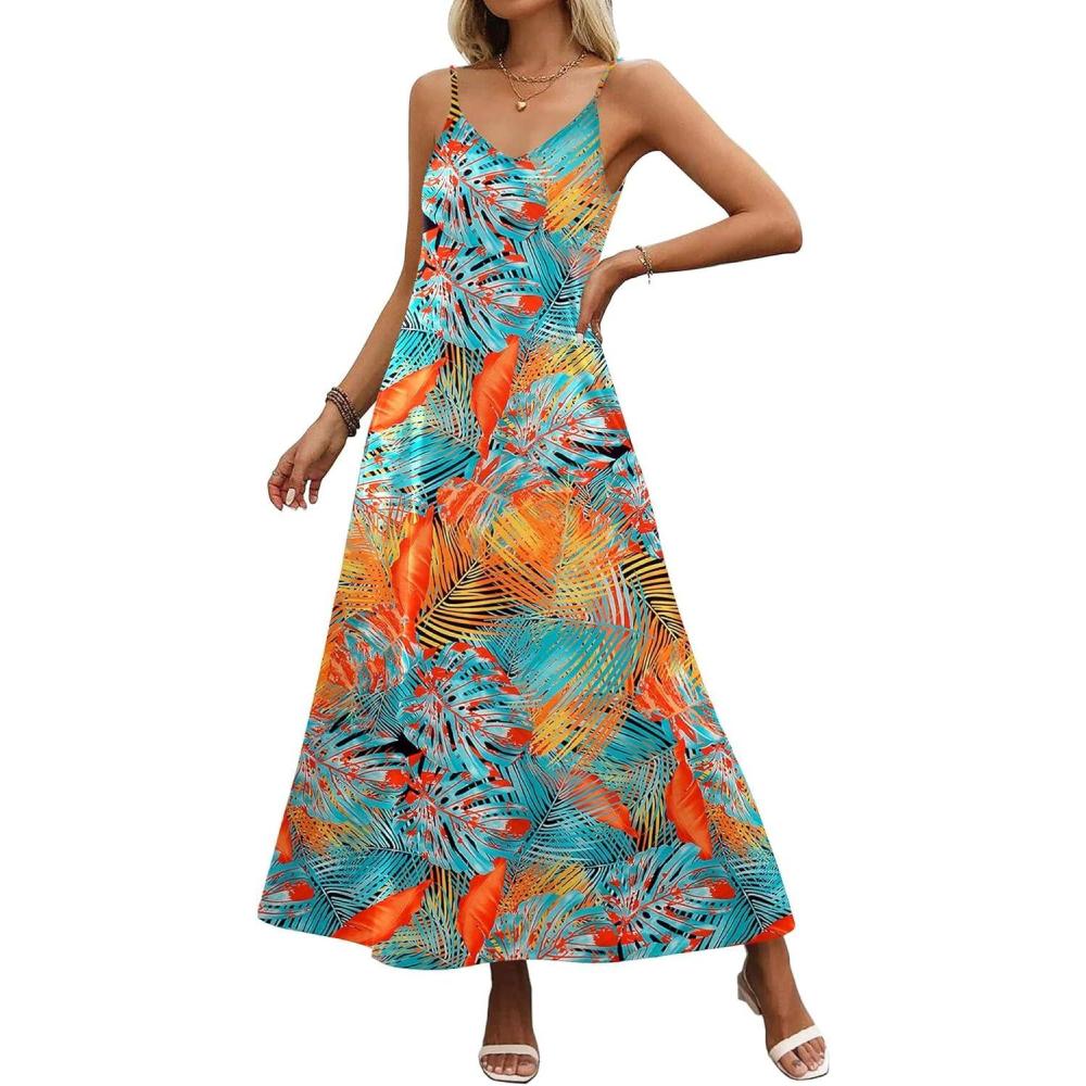 imageZeagoo Womens Summer Maxi Dress Spaghetti Strap Casual Printed Dress Boho Floral Beach SundressLeaf1