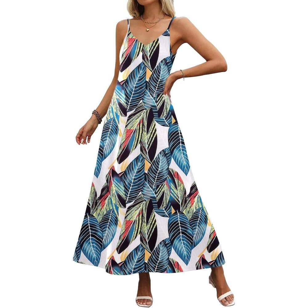 imageZeagoo Womens Summer Maxi Dress Spaghetti Strap Casual Printed Dress Boho Floral Beach SundressLeaf2
