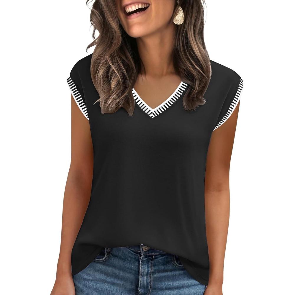 imageZeagoo Womens Summer Tops Cap Sleeve Casual Shirts 2025 V Neck Basic Tshirts Loose Fit Trendy TeeBlack