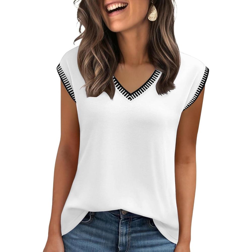 imageZeagoo Womens Summer Tops Cap Sleeve Casual Shirts 2025 V Neck Basic Tshirts Loose Fit Trendy TeeWhite