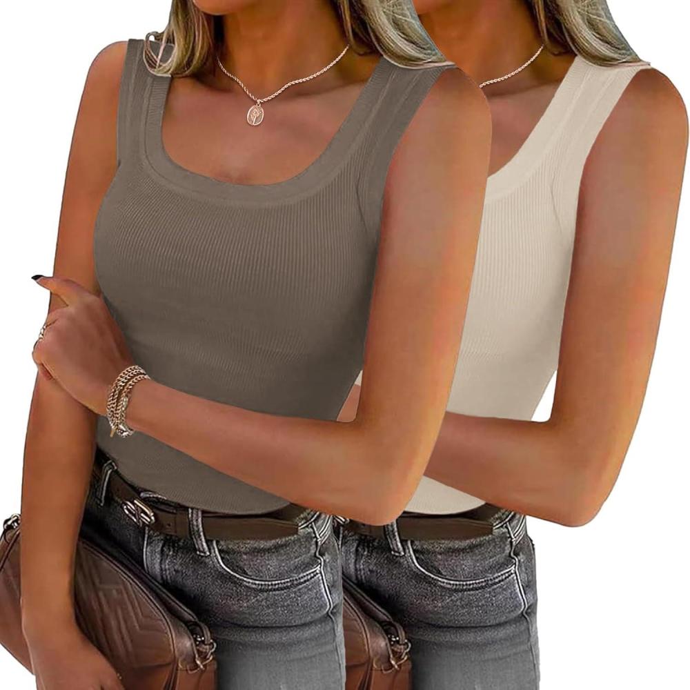 imageZeagoo Womens Summer Tops Square Neck Ribbed Tank Tops Slim Fitted Racerback Sleeveless Shirts Basic Casual 2 PackBbeigeleaf