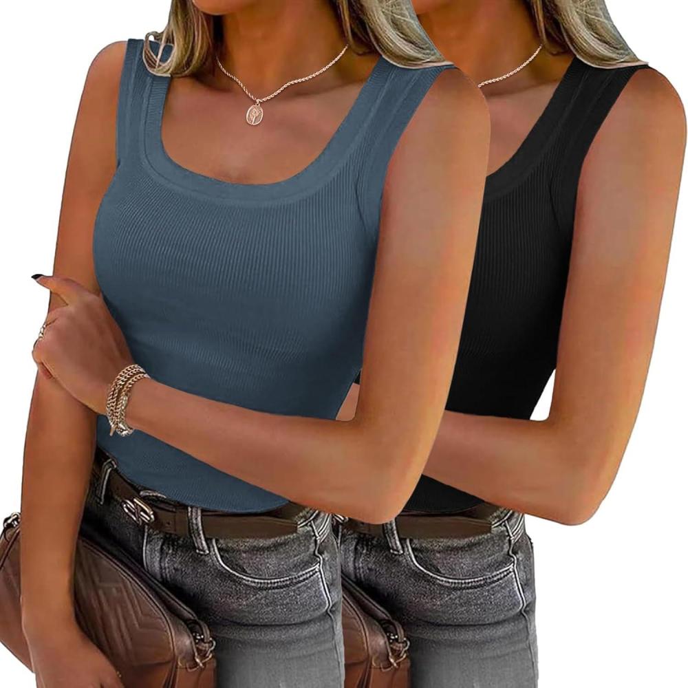 imageZeagoo Womens Summer Tops Square Neck Ribbed Tank Tops Slim Fitted Racerback Sleeveless Shirts Basic Casual 2 PackBblackgrey Blue