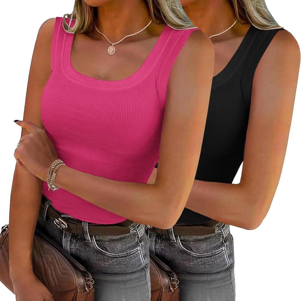 imageZeagoo Womens Summer Tops Square Neck Ribbed Tank Tops Slim Fitted Racerback Sleeveless Shirts Basic Casual 2 PackBblackrose