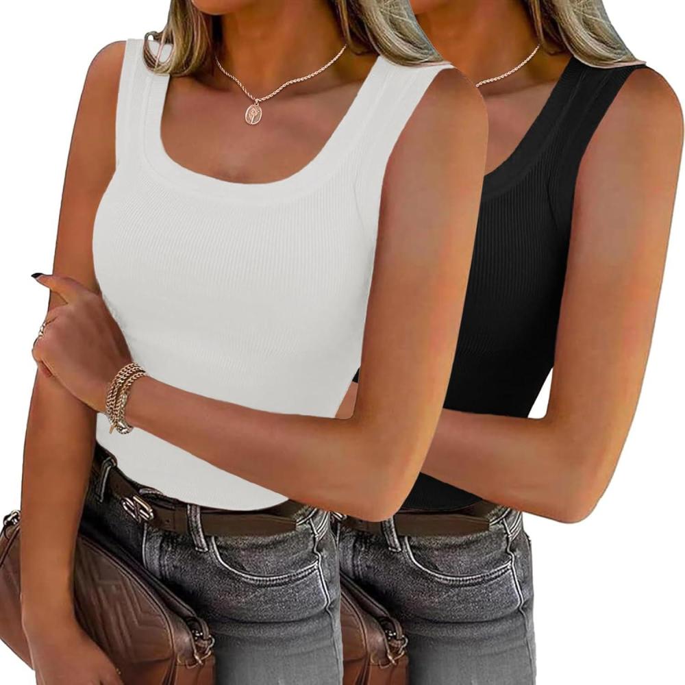 imageZeagoo Womens Summer Tops Square Neck Ribbed Tank Tops Slim Fitted Racerback Sleeveless Shirts Basic Casual 2 PackBblackwhite