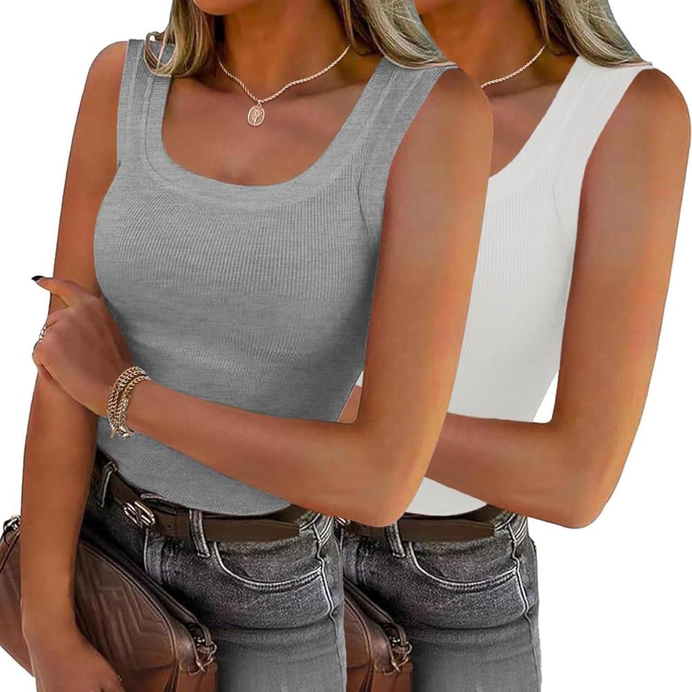 imageZeagoo Womens Summer Tops Square Neck Ribbed Tank Tops Slim Fitted Racerback Sleeveless Shirts Basic Casual 2 PackBwhitegrey