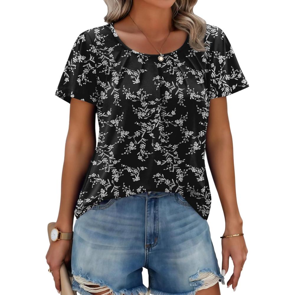 imageZeagoo Womens Summer Tunic Tops Short Sleeve Floral Boho Casual T Shirts Pleated Crewneck Flowy Relax Fit Soft BlousesBlack Floral