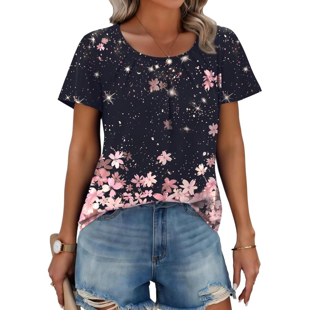 imageZeagoo Womens Summer Tunic Tops Short Sleeve Floral Boho Casual T Shirts Pleated Crewneck Flowy Relax Fit Soft BlousesBlack Pink Floral