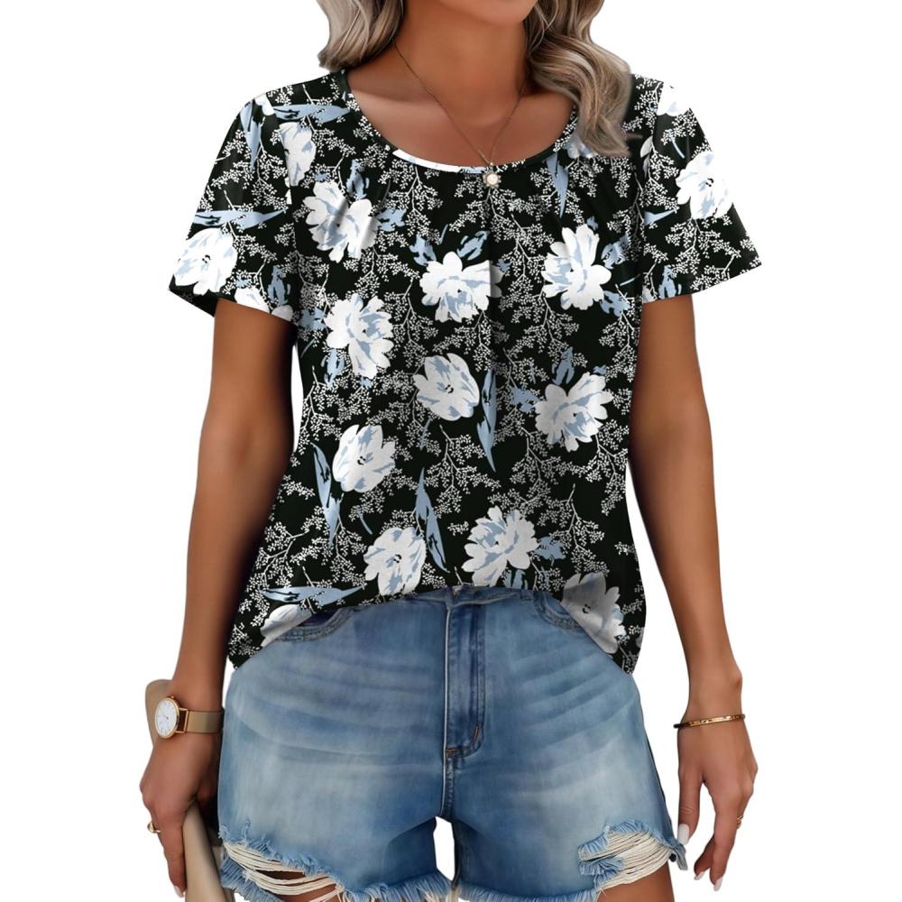 imageZeagoo Womens Summer Tunic Tops Short Sleeve Floral Boho Casual T Shirts Pleated Crewneck Flowy Relax Fit Soft BlousesBlack White Floral