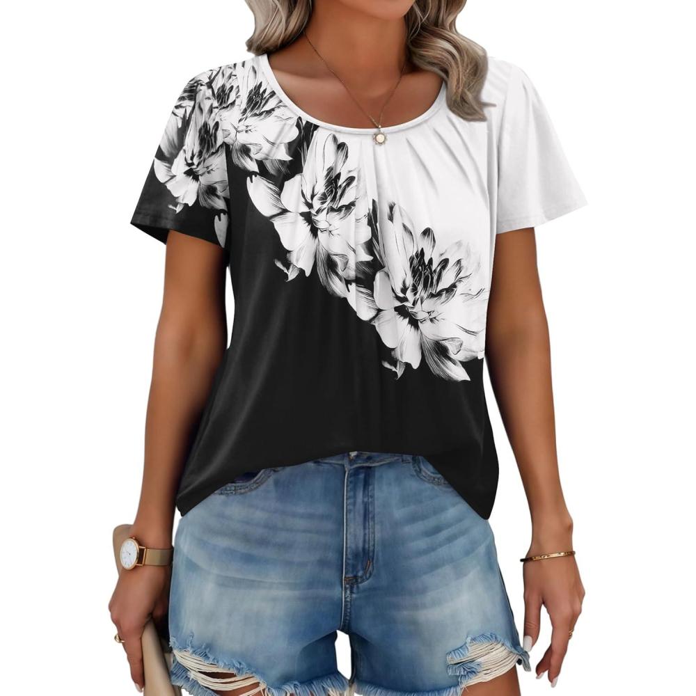 imageZeagoo Womens Summer Tunic Tops Short Sleeve Floral Boho Casual T Shirts Pleated Crewneck Flowy Relax Fit Soft BlousesBlack White Flower