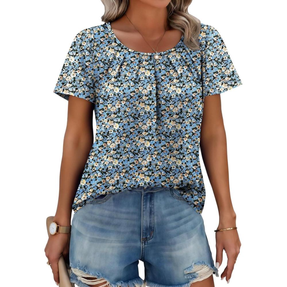 imageZeagoo Womens Summer Tunic Tops Short Sleeve Floral Boho Casual T Shirts Pleated Crewneck Flowy Relax Fit Soft BlousesBlue Floral