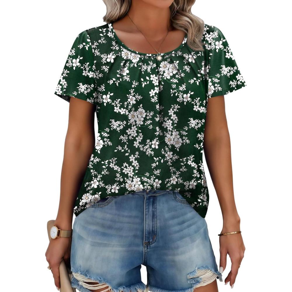 imageZeagoo Womens Summer Tunic Tops Short Sleeve Floral Boho Casual T Shirts Pleated Crewneck Flowy Relax Fit Soft BlousesGreen Floral