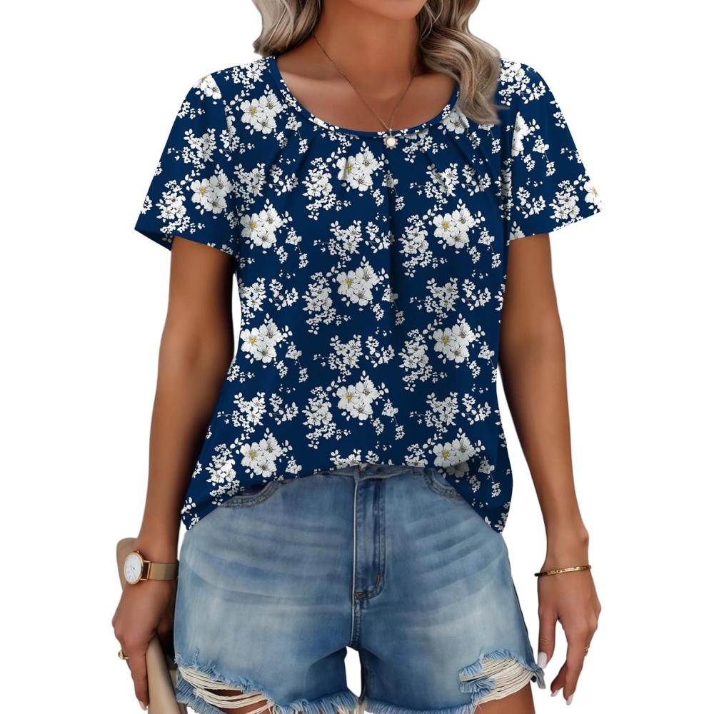 imageZeagoo Womens Summer Tunic Tops Short Sleeve Floral Boho Casual T Shirts Pleated Crewneck Flowy Relax Fit Soft BlousesNavy Floral