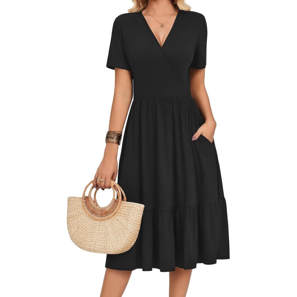 imageZeagoo Womens Summer Warp VNeck Casual Dresses Short Sleeve Midi Floral Dress with Pockets Tiered Flowy A Line SundressBlack