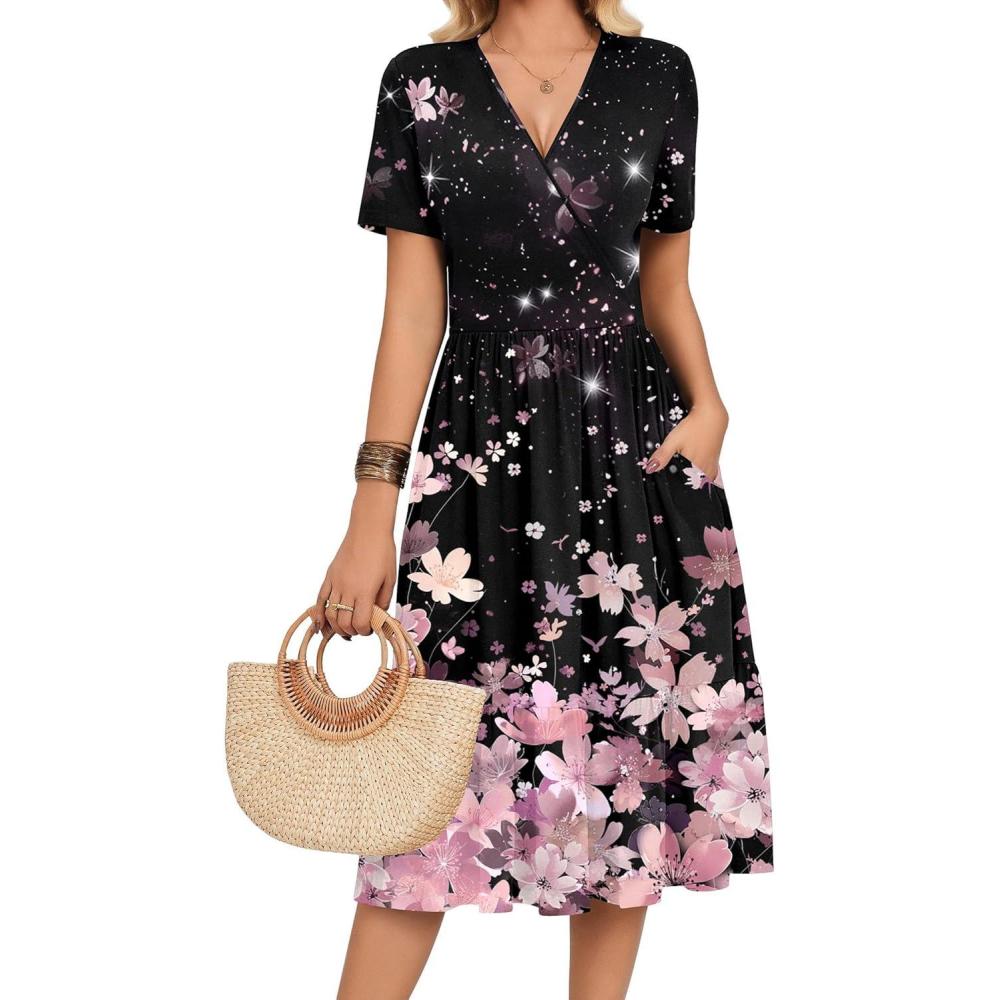 imageZeagoo Womens Summer Warp VNeck Casual Dresses Short Sleeve Midi Floral Dress with Pockets Tiered Flowy A Line SundressBlack Pink Floral