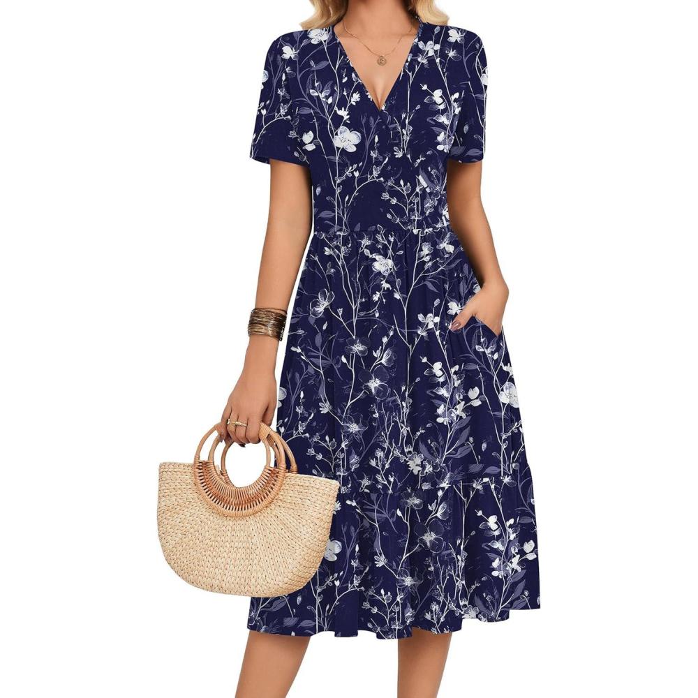 imageZeagoo Womens Summer Warp VNeck Casual Dresses Short Sleeve Midi Floral Dress with Pockets Tiered Flowy A Line SundressBlue Floral