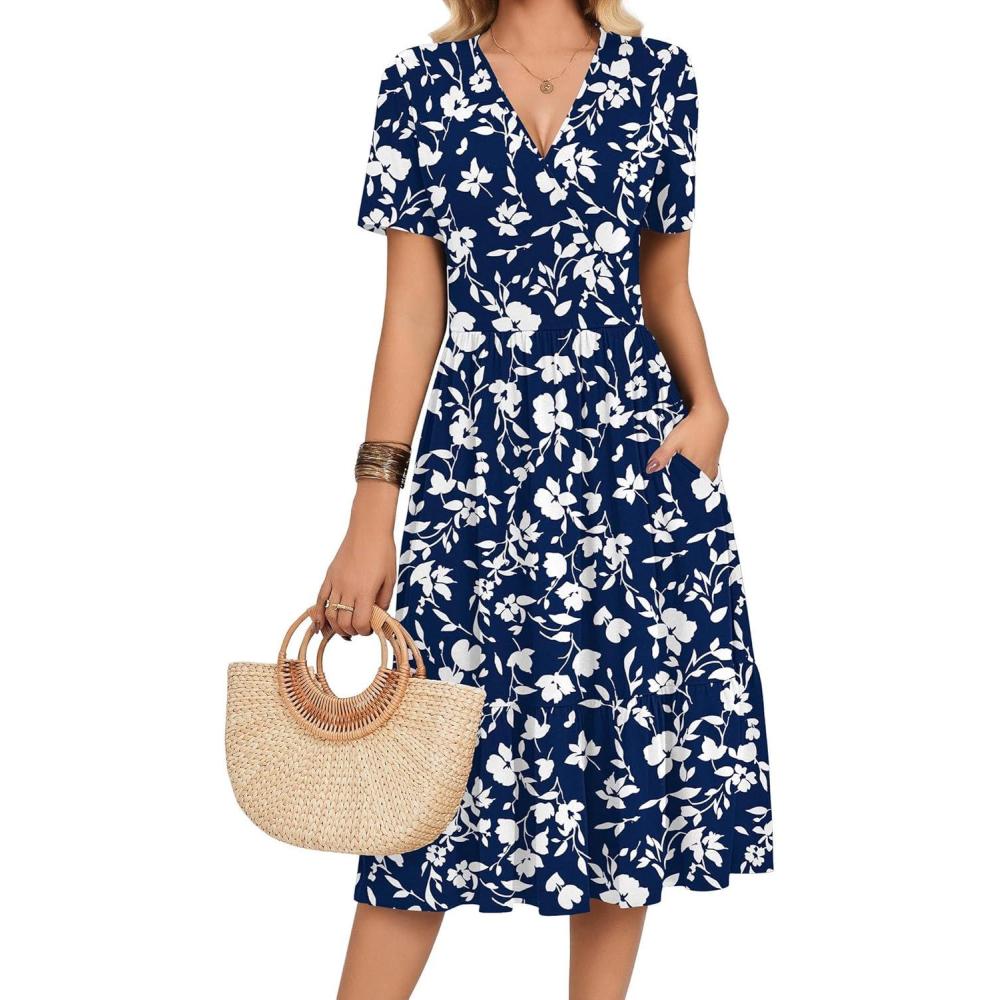 imageZeagoo Womens Summer Warp VNeck Casual Dresses Short Sleeve Midi Floral Dress with Pockets Tiered Flowy A Line SundressBlue White Floral