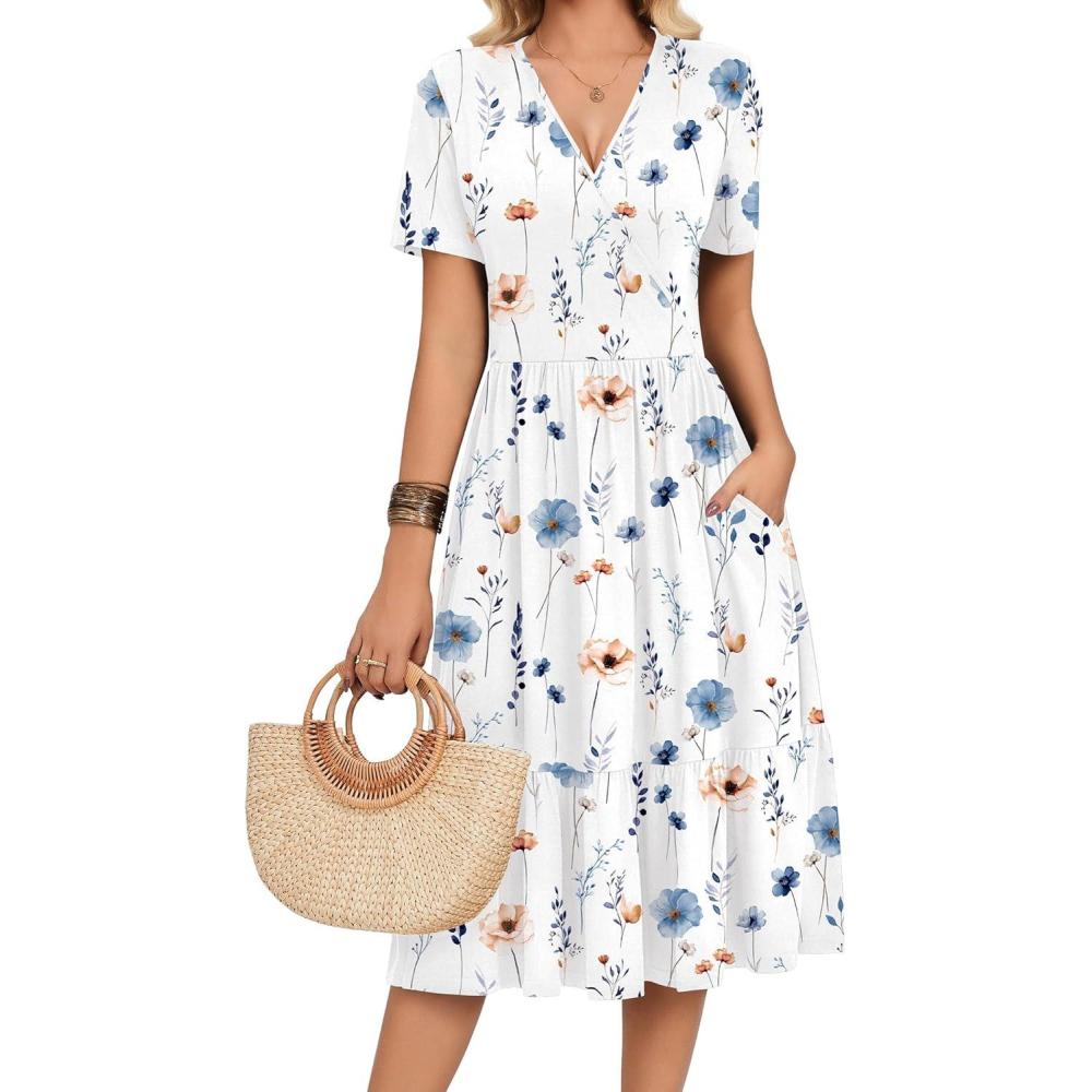 imageZeagoo Womens Summer Warp VNeck Casual Dresses Short Sleeve Midi Floral Dress with Pockets Tiered Flowy A Line SundressWhite Floral