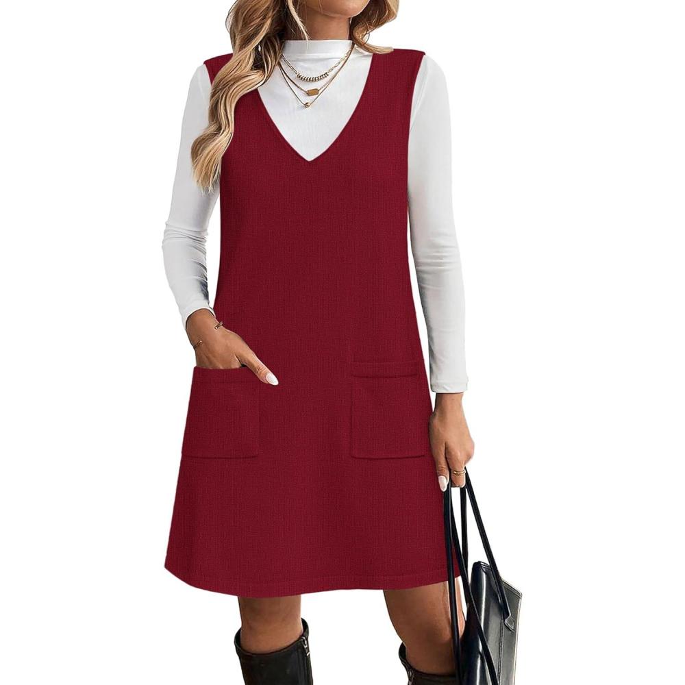 imageZeagoo Womens Sweater Vest Dresses for Women 2026 V Neck Sleeveless Knit Pullover Sweater with Pockets Fall Winter OutfitsWine Red