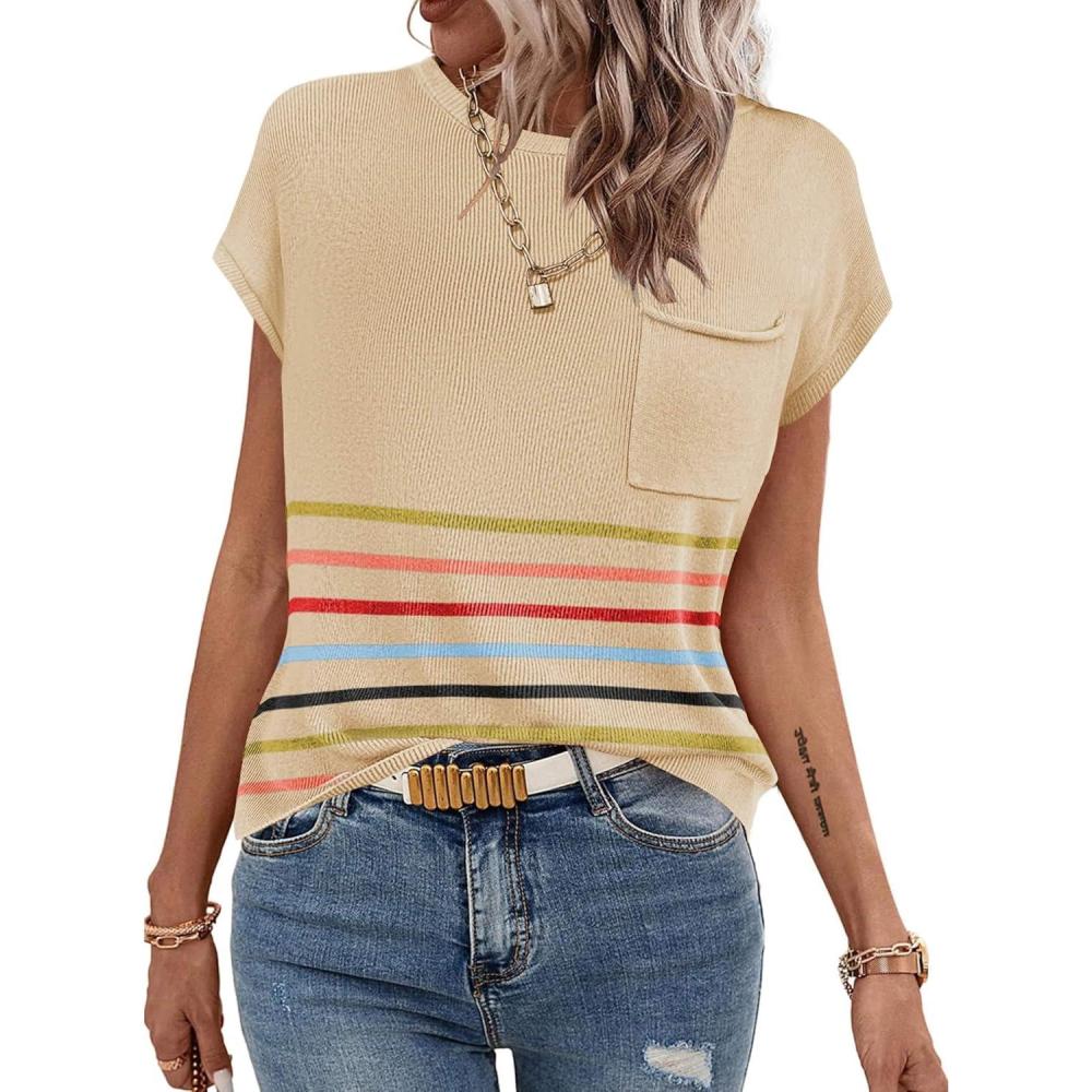 imageZeagoo Womens Sweater Vest Fall 2026 Loose Fit Cape Sleeve Knit Ribbed Tank Tops with Front Pocket SXXLMulticolord Stripe
