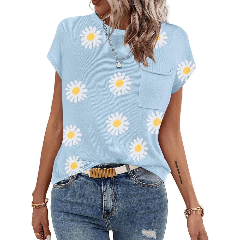 imageZeagoo Womens Sweater Vest Fall 2026 Loose Fit Cape Sleeve Knit Ribbed Tank Tops with Front Pocket SXXLWhite Flower