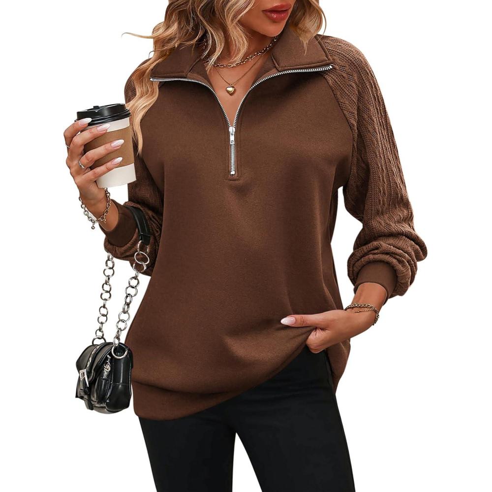imageZeagoo Womens Sweatshrits Quarter Zip Pullover Fleece Sweatshirt Casual Cable Knit Sleeve Hoodies Fashion Outfits ClothesBrown
