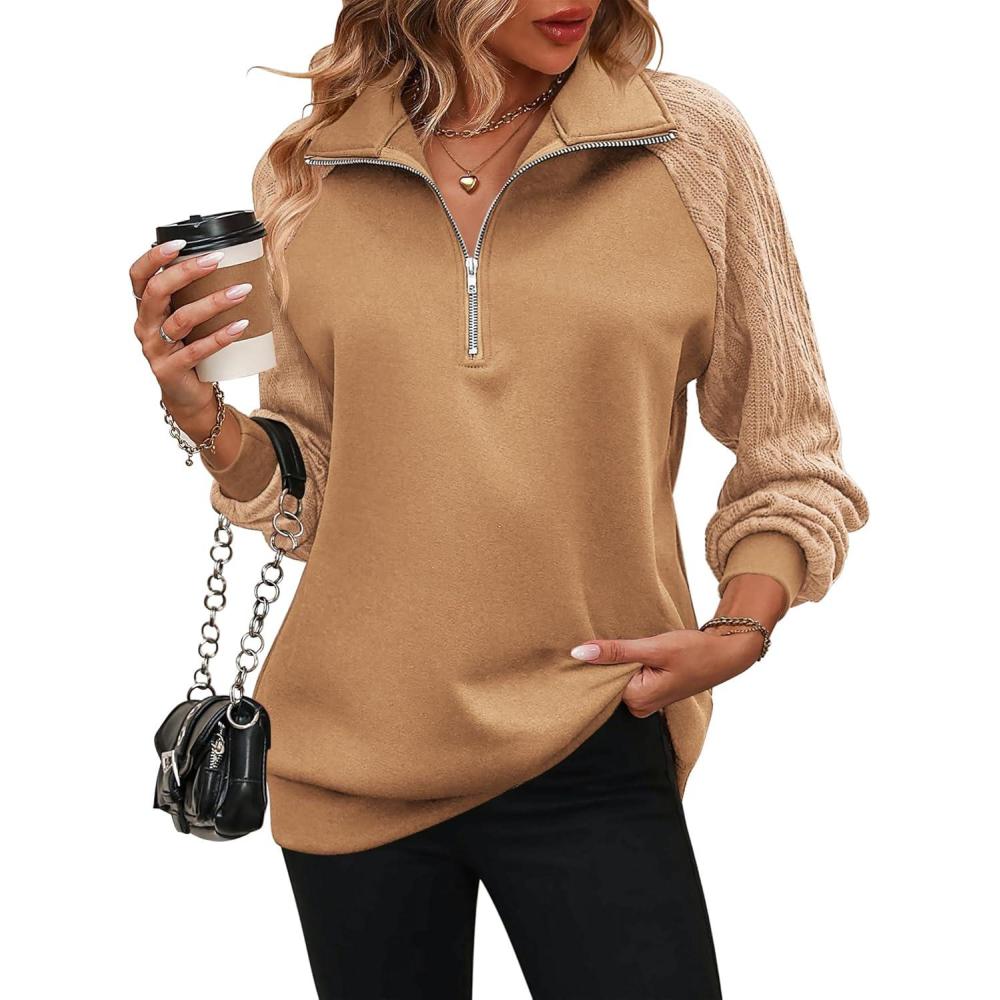 imageZeagoo Womens Sweatshrits Quarter Zip Pullover Fleece Sweatshirt Casual Cable Knit Sleeve Hoodies Fashion Outfits ClothesCamel
