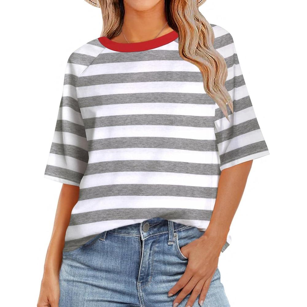 imageZeagoo Womens T Shirts Summer Casual Oversized Crewneck Loose Fit Short Sleeve Striped Tops Fashion Comfy Basic Tee BlousesGray and White Striped