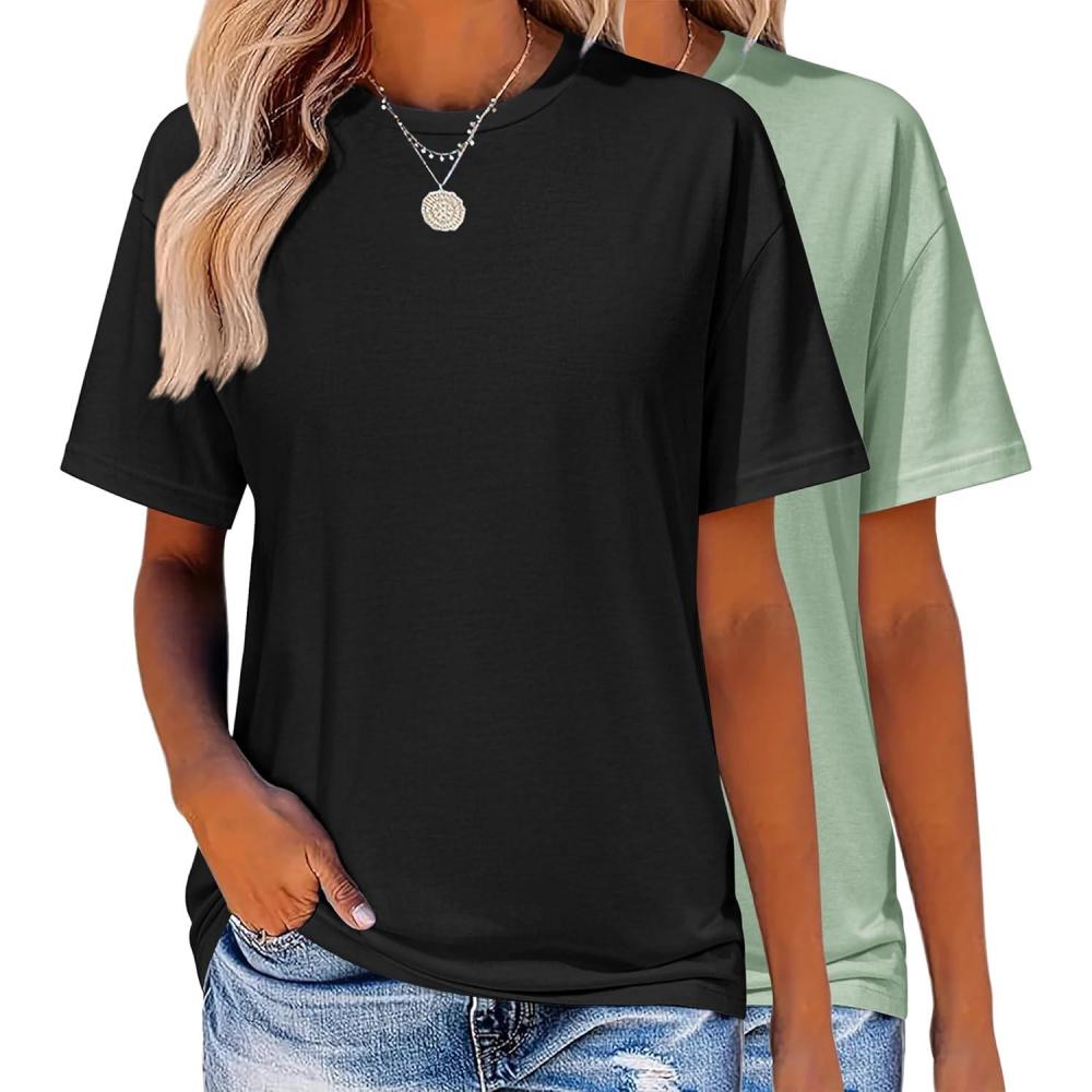 imageZeagoo Womens TShirts Short Sleeve Tops Summer Casual Blouse Crew Neck Basic Shirt 2 Pack Loose Fit TeeBlack light Green