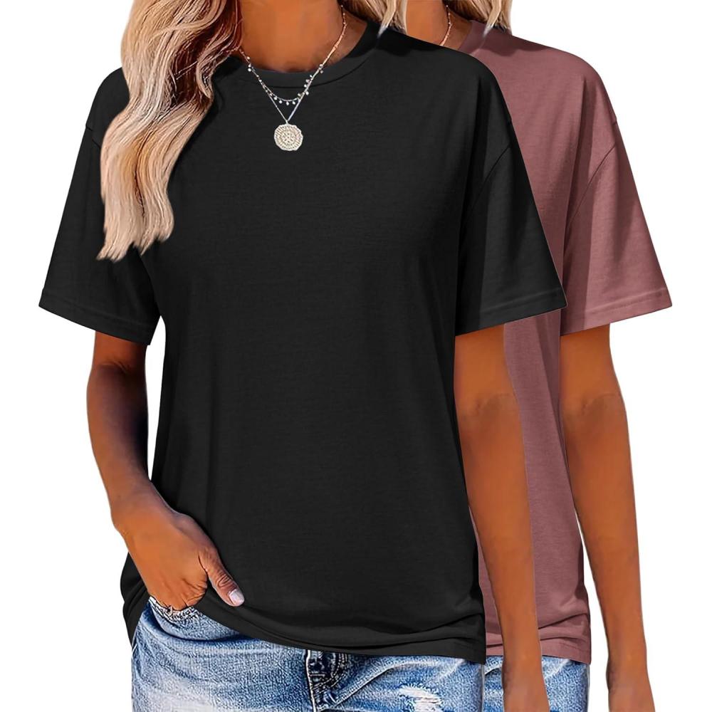 imageZeagoo Womens TShirts Short Sleeve Tops Summer Casual Blouse Crew Neck Basic Shirt 2 Pack Loose Fit TeeBlack wine Red