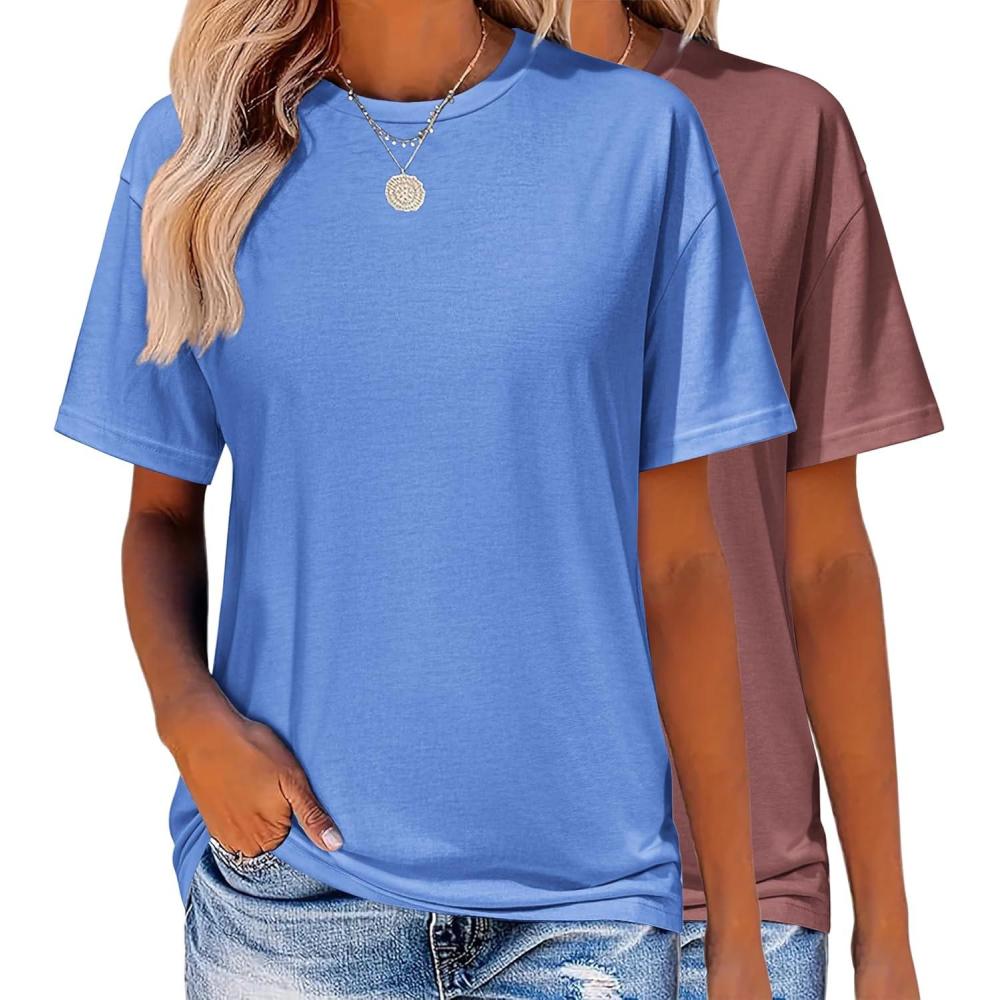 imageZeagoo Womens TShirts Short Sleeve Tops Summer Casual Blouse Crew Neck Basic Shirt 2 Pack Loose Fit TeeRoyal Blue wine Red
