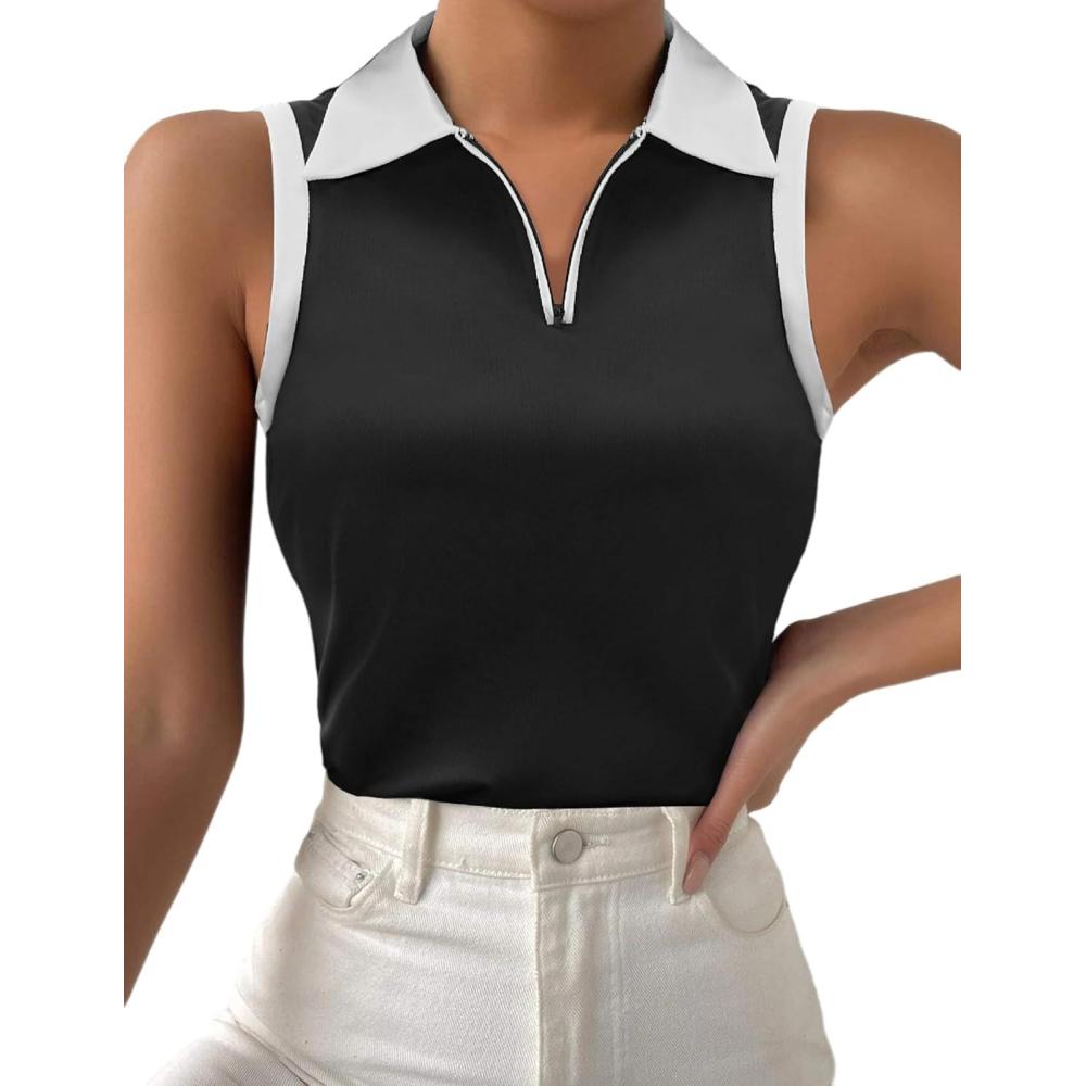 imageZeagoo Womens Tank Tops 2024 Casual V Neck Sleeveless Blouses Slim Fit UPF 50 Polo Shirts XSXXLBlack