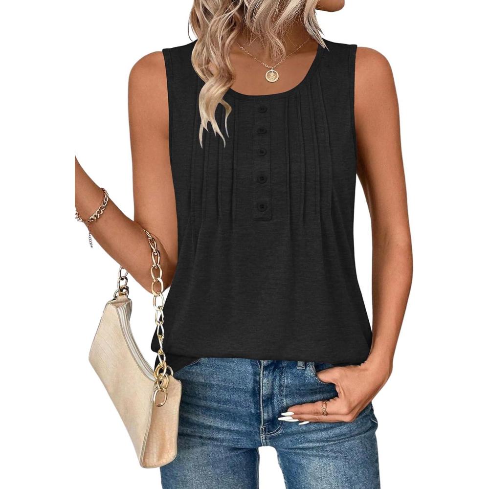 imageZeagoo Womens Tank Tops 2026 Summer Loose Fit Crew Neck Boho Tunic Pleated Babydoll Sleeveless Shirts with Button DetailBlack