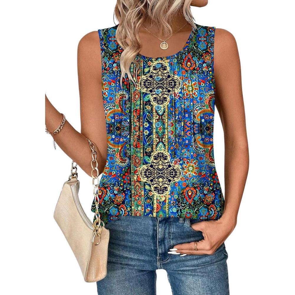 imageZeagoo Womens Tank Tops 2026 Summer Loose Fit Crew Neck Boho Tunic Pleated Babydoll Sleeveless Shirts with Button DetailMz779