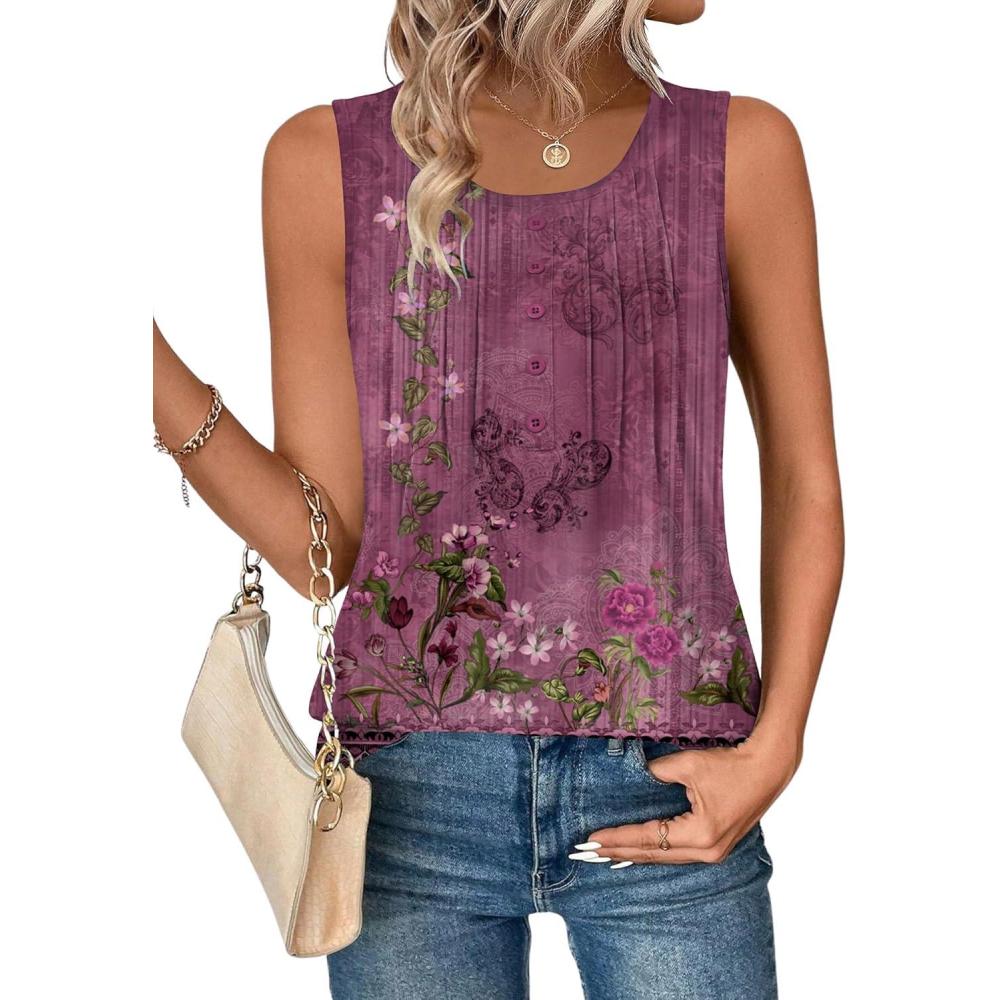 imageZeagoo Womens Tank Tops 2026 Summer Loose Fit Crew Neck Boho Tunic Pleated Babydoll Sleeveless Shirts with Button DetailMz841