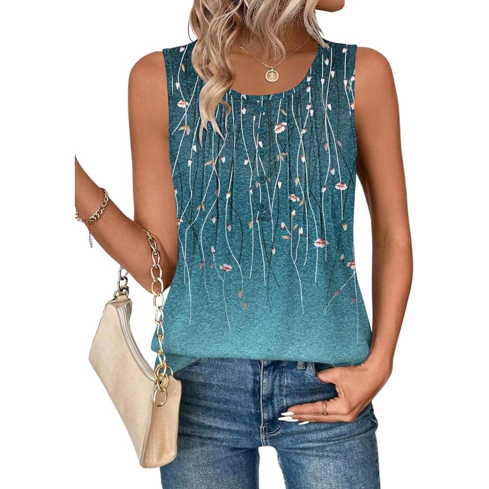 imageZeagoo Womens Tank Tops 2026 Summer Loose Fit Crew Neck Boho Tunic Pleated Babydoll Sleeveless Shirts with Button DetailXh363