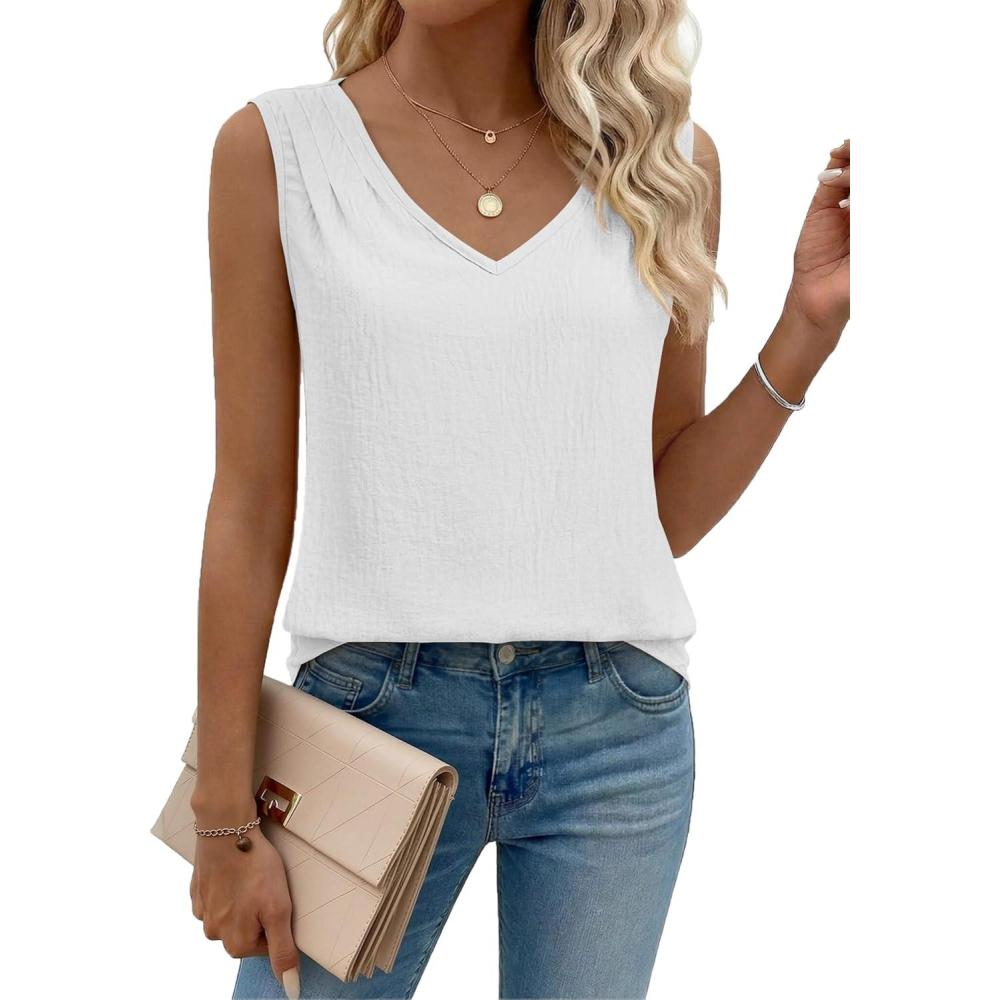 imageZeagoo Womens Tank Tops Pleated V Neck Business Casual Sleeveless Blouse Trendy Dressy Textured Summer Work ShirtsWhite