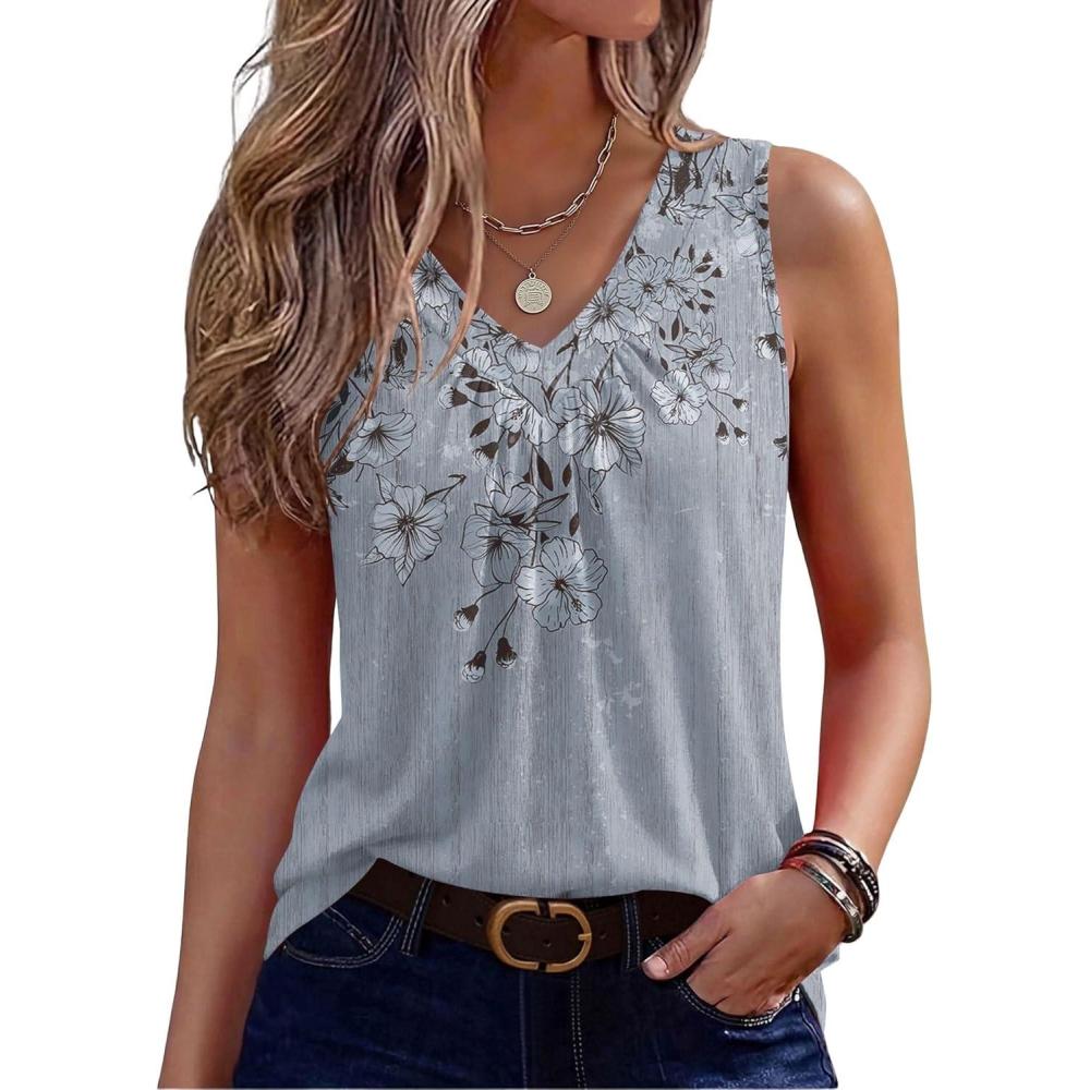 imageZeagoo Womens Tank Tops Summer Sleeveless Loose Fit Tops V Neck Pleated Shirts Basic Tees Dressy Casual Trendy ClothesDh62flower Gray