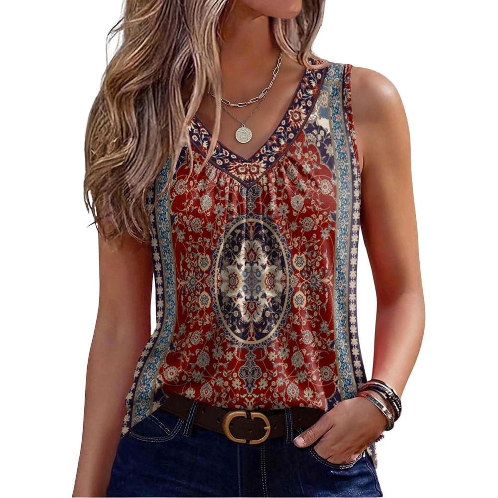 imageZeagoo Womens Tank Tops Summer Sleeveless Loose Fit Tops V Neck Pleated Shirts Basic Tees Dressy Casual Trendy ClothesMz870red Print