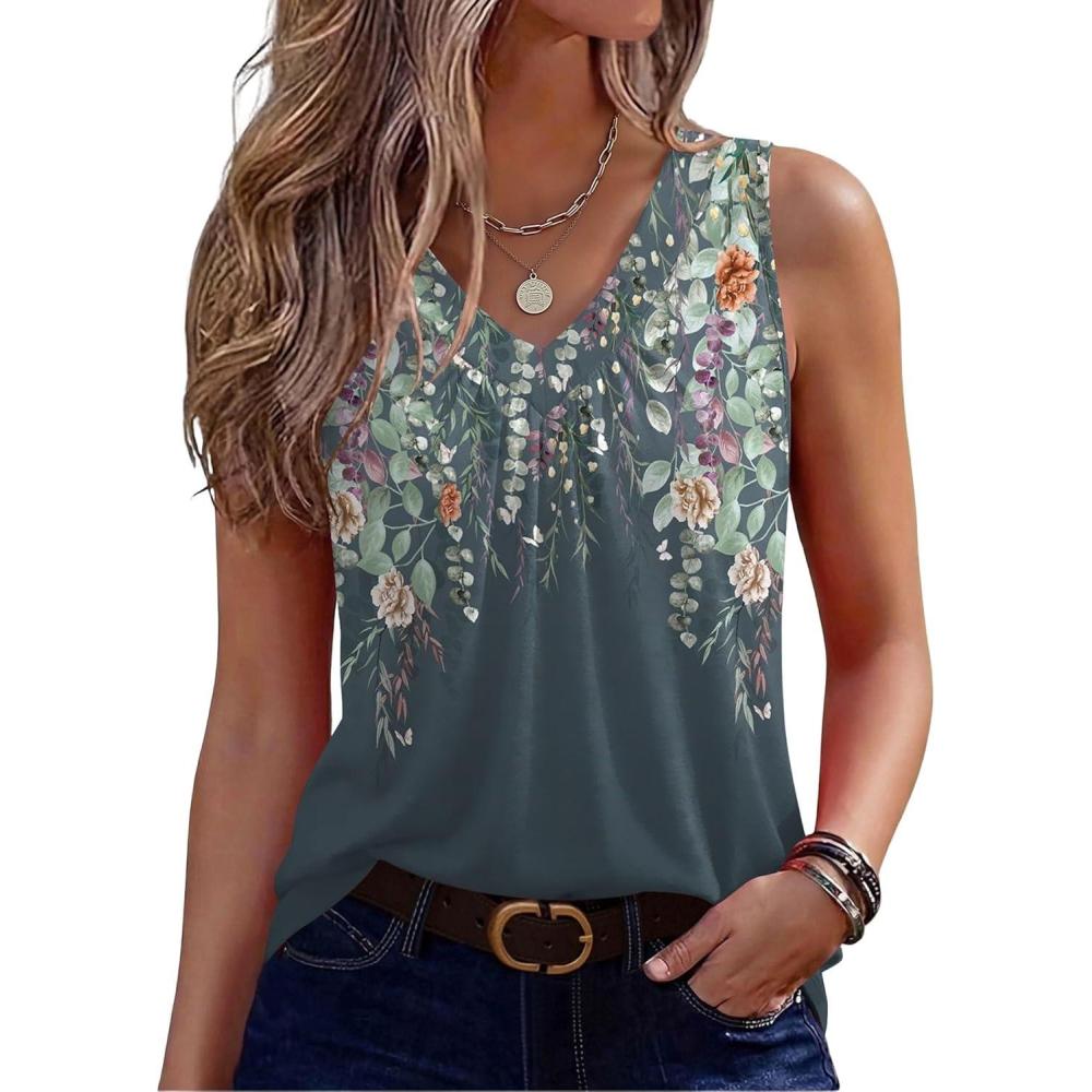 imageZeagoo Womens Tank Tops Summer Sleeveless Loose Fit Tops V Neck Pleated Shirts Basic Tees Dressy Casual Trendy ClothesWf71flower Print