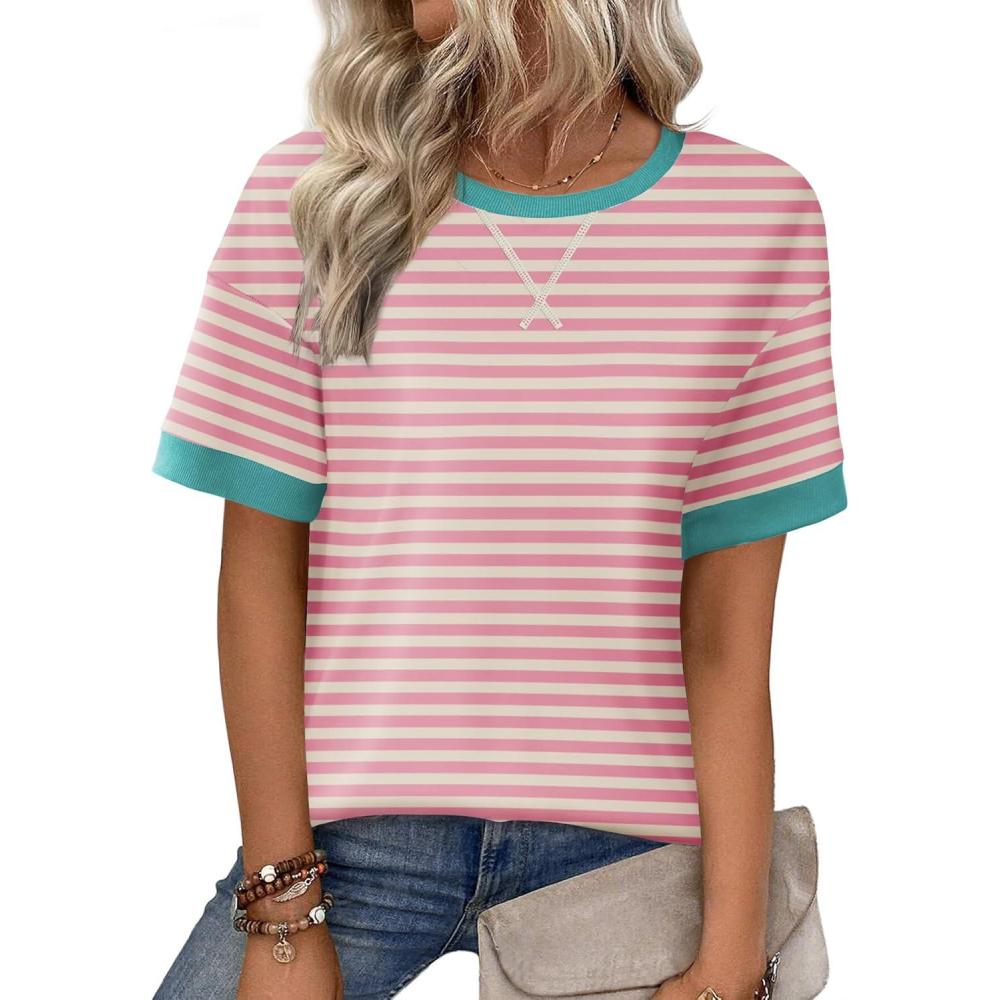 imageZeagoo Womens Tops Casual Oversized Short Sleeve Sweatshirt Summer Striped Shirt Crewneck Pullover Loose T Shirts BlouseA Pinkwhite