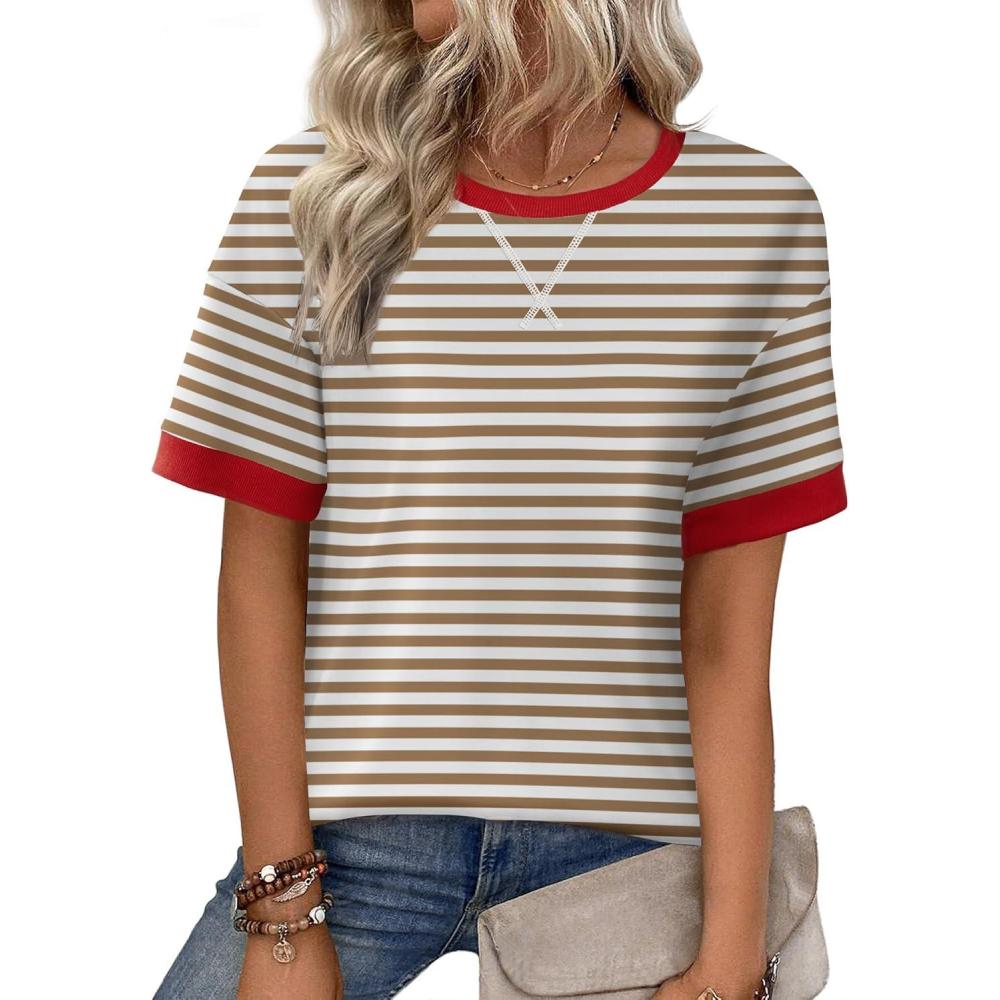 imageZeagoo Womens Tops Casual Oversized Short Sleeve Sweatshirt Summer Striped Shirt Crewneck Pullover Loose T Shirts BlouseCaramelwhite