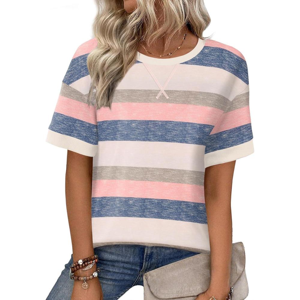 imageZeagoo Womens Tops Casual Oversized Short Sleeve Sweatshirt Summer Striped Shirt Crewneck Pullover Loose T Shirts BlouseColor Stripes 1