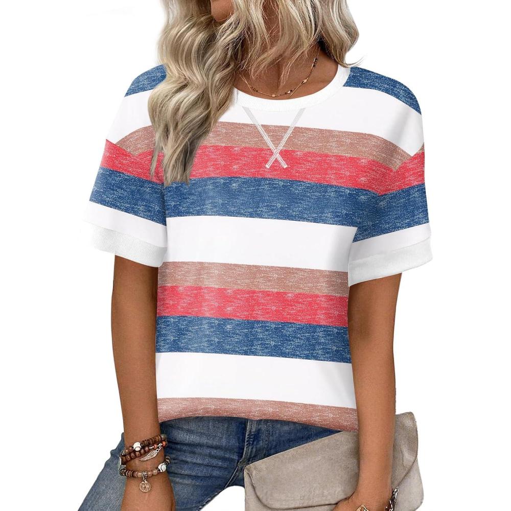 imageZeagoo Womens Tops Casual Oversized Short Sleeve Sweatshirt Summer Striped Shirt Crewneck Pullover Loose T Shirts BlouseColor Stripes 2
