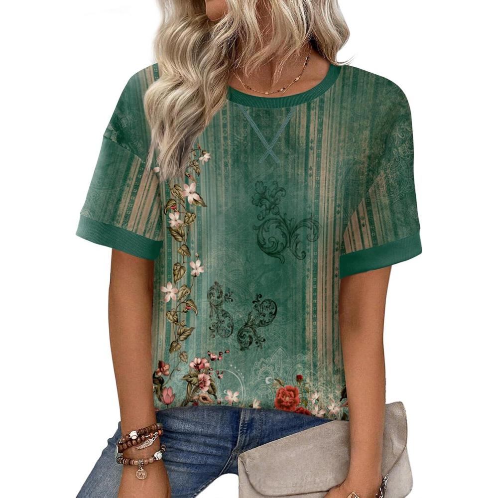 imageZeagoo Womens Tops Casual Oversized Short Sleeve Sweatshirt Summer Striped Shirt Crewneck Pullover Loose T Shirts BlouseGreen Floral