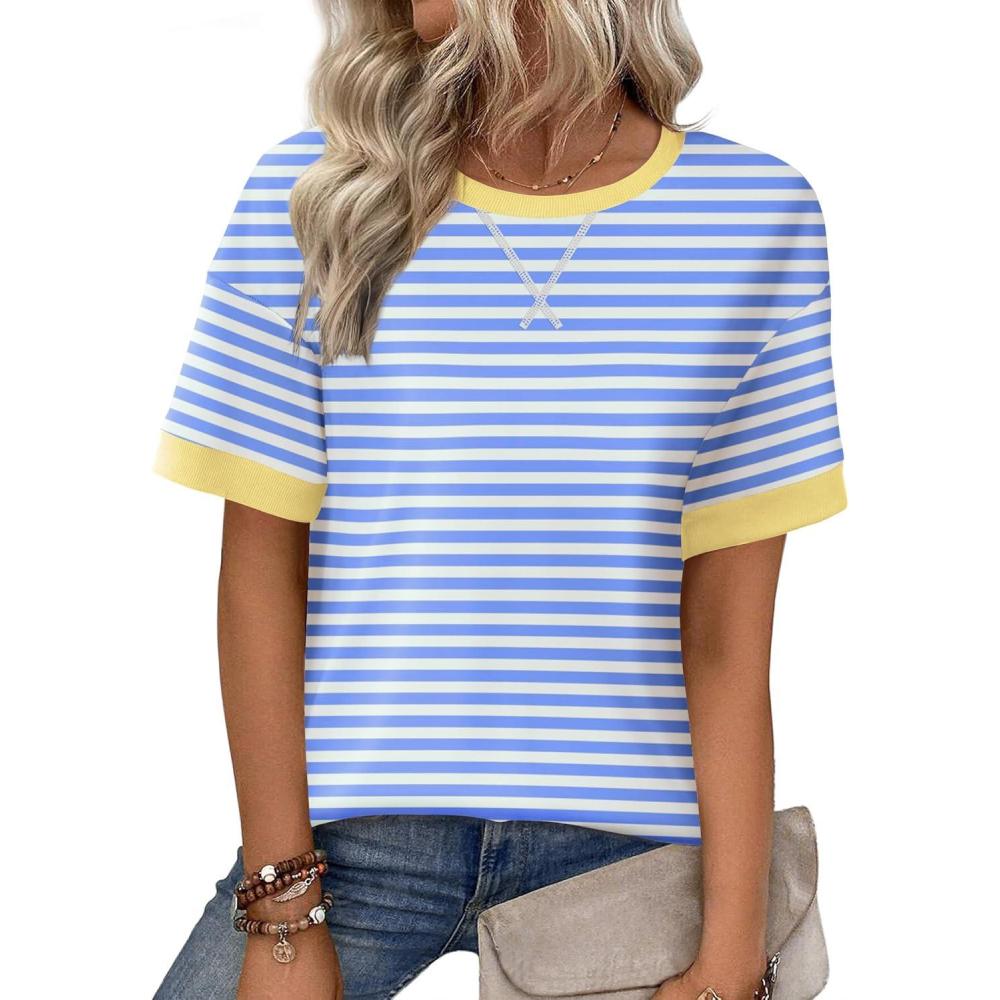 imageZeagoo Womens Tops Casual Oversized Short Sleeve Sweatshirt Summer Striped Shirt Crewneck Pullover Loose T Shirts BlouseLight Blue