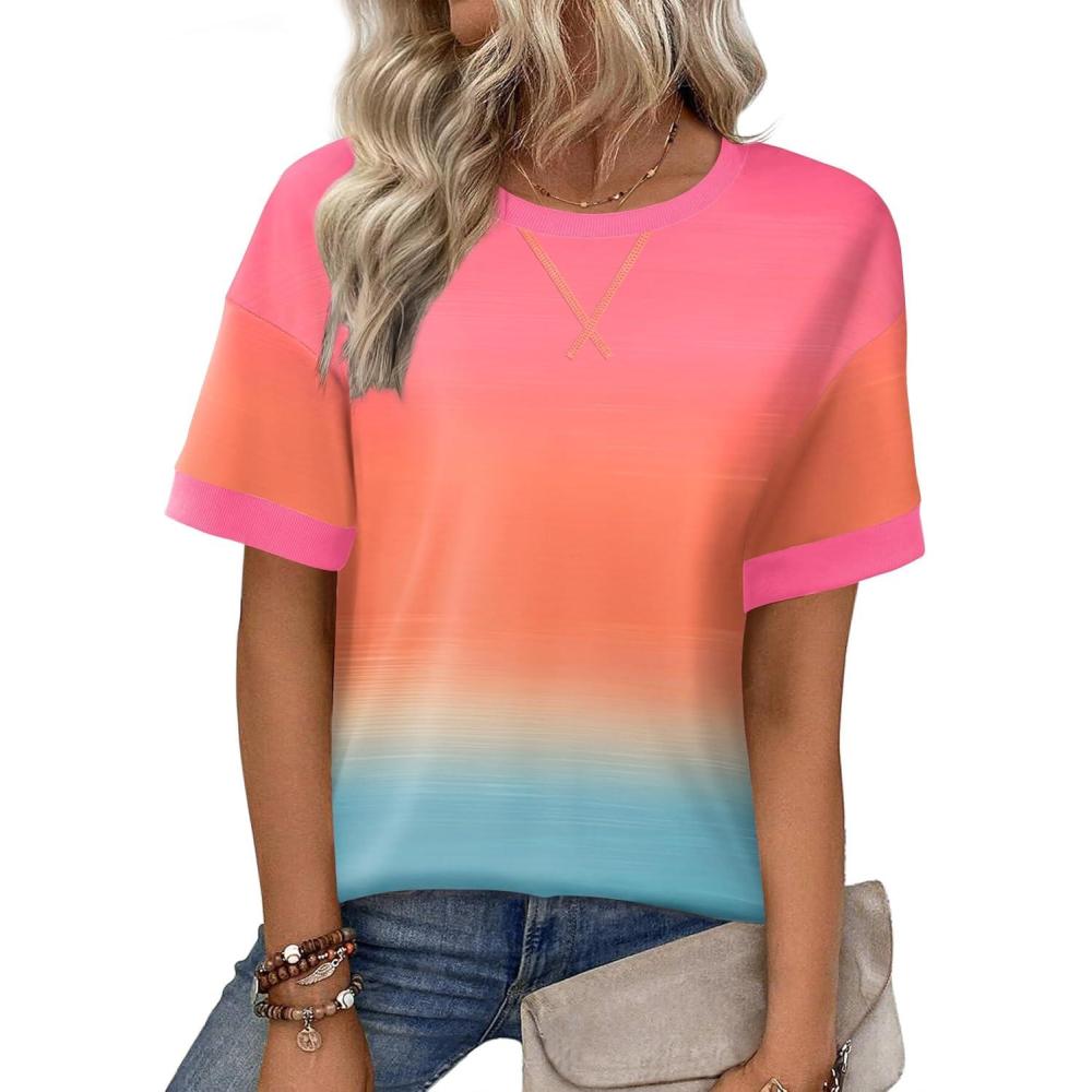 imageZeagoo Womens Tops Casual Oversized Short Sleeve Sweatshirt Summer Striped Shirt Crewneck Pullover Loose T Shirts BlouseRainbow Floral
