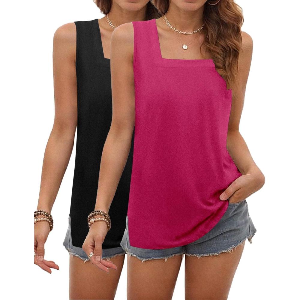 imagezeagoo Tank Tops for Women 2026 Summer Square Neck Loose Fit Side Split Casual Flowy Sleeveless Shirts SXXLBalckrose Red
