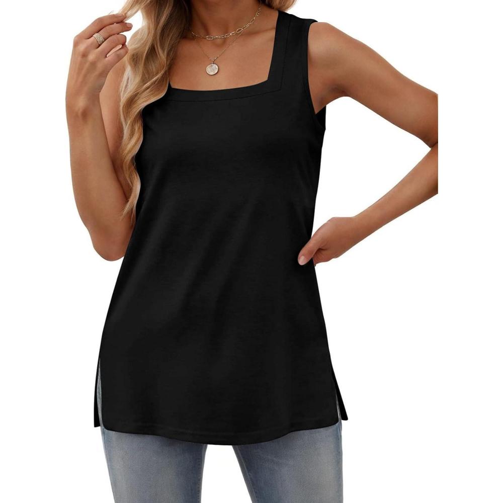 imagezeagoo Tank Tops for Women 2026 Summer Square Neck Loose Fit Side Split Casual Flowy Sleeveless Shirts SXXLBlack